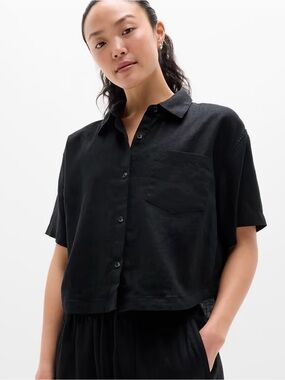 Athleta Black Short-Sleeve Button-Front Relaxed Shirt